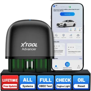 Car diagnostic device labeled XTOOL Advancer next to a smartphone displaying a car maintenance app with blue action buttons at the bottom.