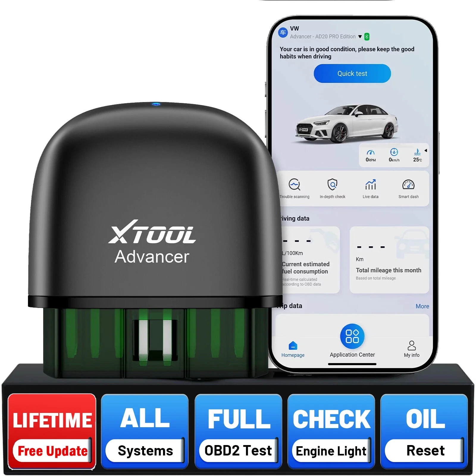 S49a7dc97d2e34eb3b7f1a6dfb2b97ca4mwebp - speedXperts Car diagnostic device labeled XTOOL Advancer next to a smartphone displaying a car maintenance app with blue action buttons at the bottom.