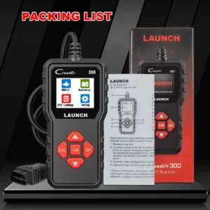 S51a83833a56e4acb9599f07734d3b5f3Twebp - speedXperts OBD scanner device with red buttons labeled LAUNCH and packaging box and manual beside it, and a bold “PACKING LIST” header in the background
