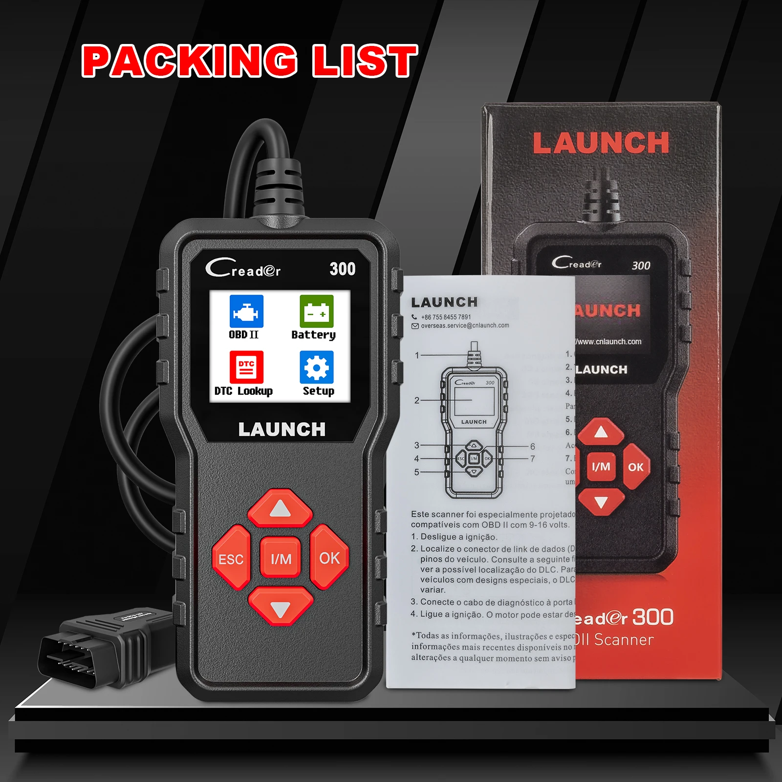 S51a83833a56e4acb9599f07734d3b5f3Twebp - speedXperts OBD scanner device with red buttons labeled LAUNCH and packaging box and manual beside it, and a bold “PACKING LIST” header in the background