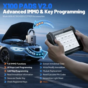 S51c665115f09477b96ffa2259e2a38b2fwebp - speedXperts Promotional banner for X100 PADS V2.0 showing a car with hood up and a handheld device for advanced IMMO & key programming, plus feature list at bottom.