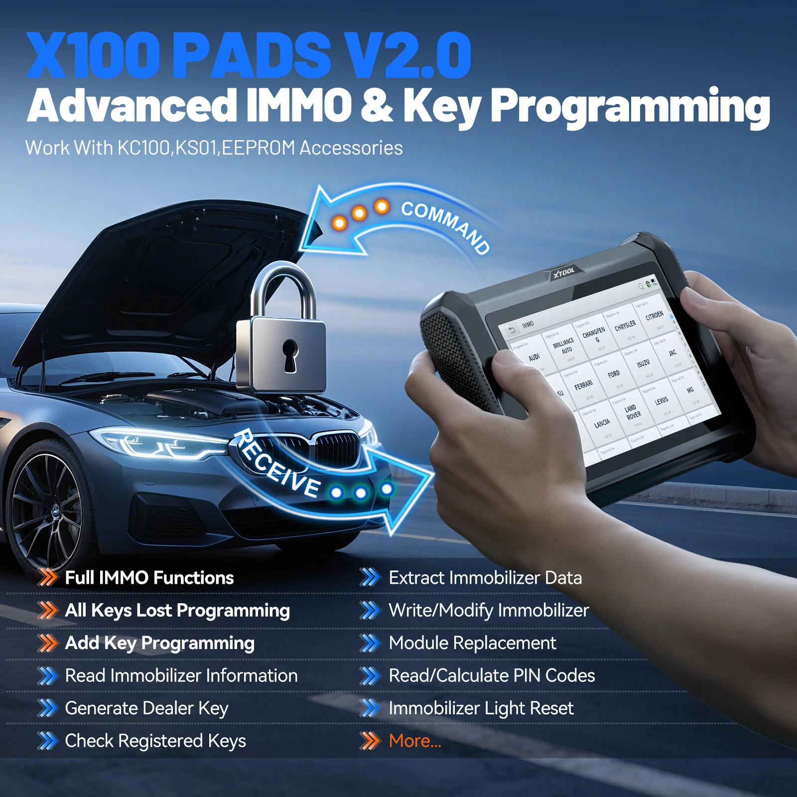S51c665115f09477b96ffa2259e2a38b2fwebp - speedXperts Promotional banner for X100 PADS V2.0 showing a car with hood up and a handheld device for advanced IMMO & key programming, plus feature list at bottom.