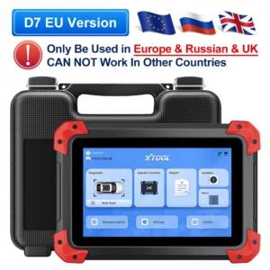 Diagnostic tool in rugged case with blue touchscreen; label reads 'D7 EU Version' and Europe/Russia/UK warning; used for vehicle diagnostics in those regions only.