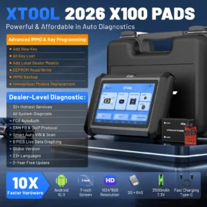 Promotional banner for XTOOL 2026 X100 PADS showing a rugged diagnostic tablet, carry case and ECU module with features like Advanced IMMO & Key Programming and Dealer-Level Diagnostic.