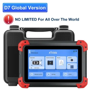 Car diagnostic tablet in rugged case with D7 Global Version label and 'NO LIMITED For All Over The World' text, showing a blue software interface on screen.