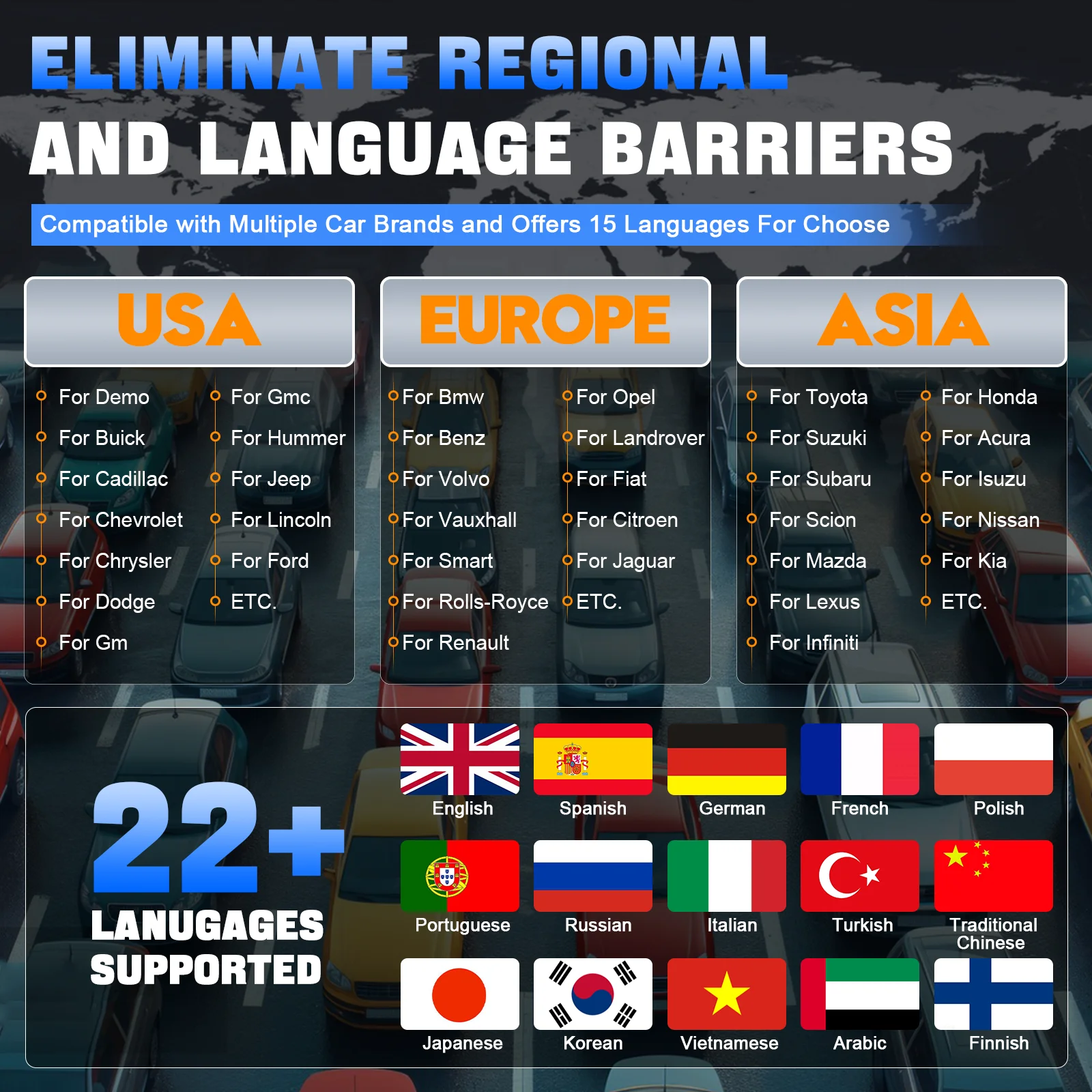 S65ec88a75f7a43e8a3682931f66947f4owebp - speedXperts Global language selection screen with three regions (USA, Europe, Asia) and lists of car brands per region.