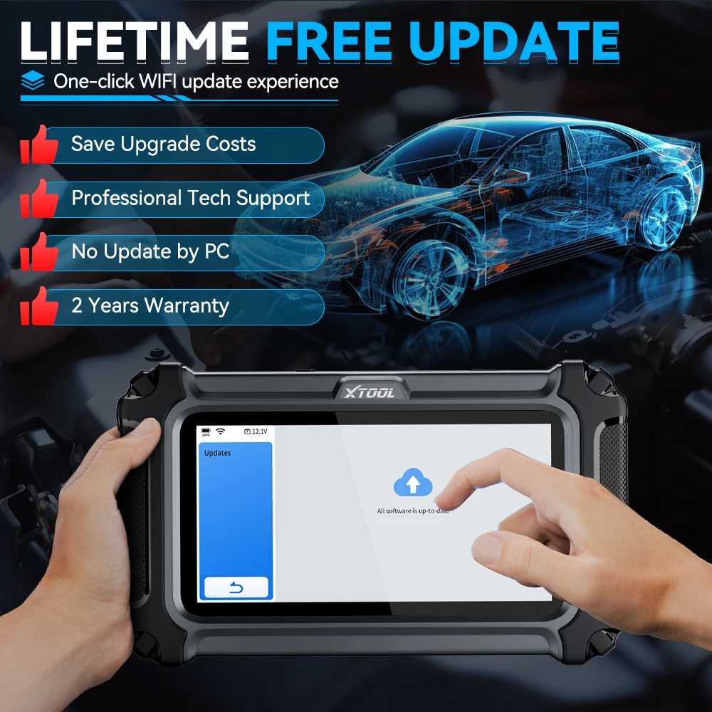 S6749868159b745acb0a3d5b43aa3aee7awebp - speedXperts Marketing banner advertising lifetime free updates for a diagnostic tablet, featuring a blue holographic car and a rugged handheld device showing an update screen, alluding to a one-click WiFi update experience.