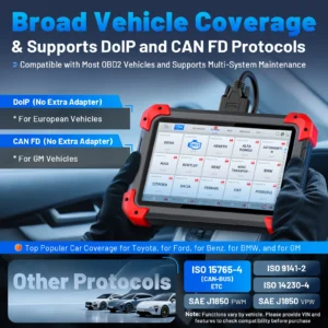 Infographic banner highlighting broad vehicle coverage for DoIP and CAN FD protocols, showing a rugged diagnostic tablet in a vehicle interior.