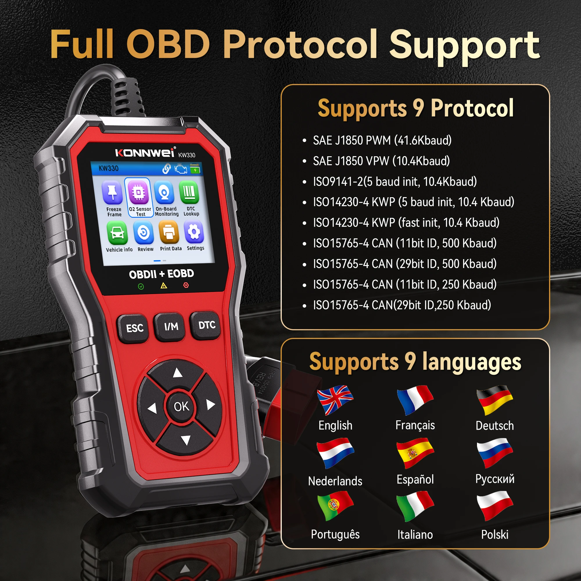 S6edf8225c79b4bec91587d0b387f6ee2ywebp - speedXperts Red handheld OBDII/EOBD diagnostic tool beside a dark panel that lists full OBD protocol support and language options.