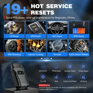 UI grid of automotive service resets with 19+ hot resets; tiles labeled Oil Reset, EPB Reset, SAS Reset, BMS Reset, ABS Bleeding, Injector Coding, Throttle, Crank Sensor Relearn.