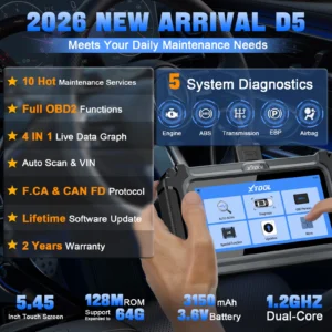 Promo banner for 2026 New Arrival D5 car diagnostic tool listing features like 10 Hot Maintenance Services, Full OBD2, 4 in 1 Live Data, Auto Scan, and 2-year warranty.