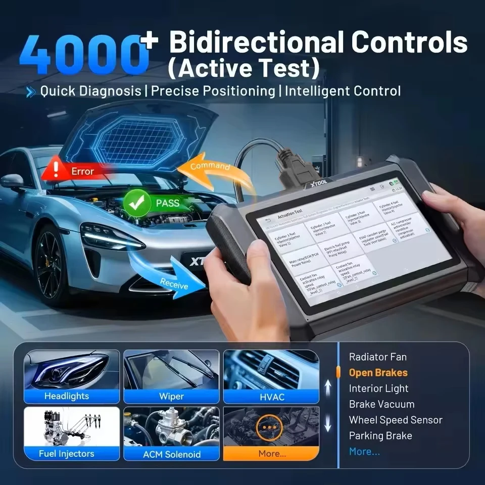 S901c0a7c17ff412694ee4f22411ca295Bwebp - speedXperts Hands holding a rugged diagnostic tablet showing an Active Test interface for 4000+ bidirectional controls beside a blue car with its hood open