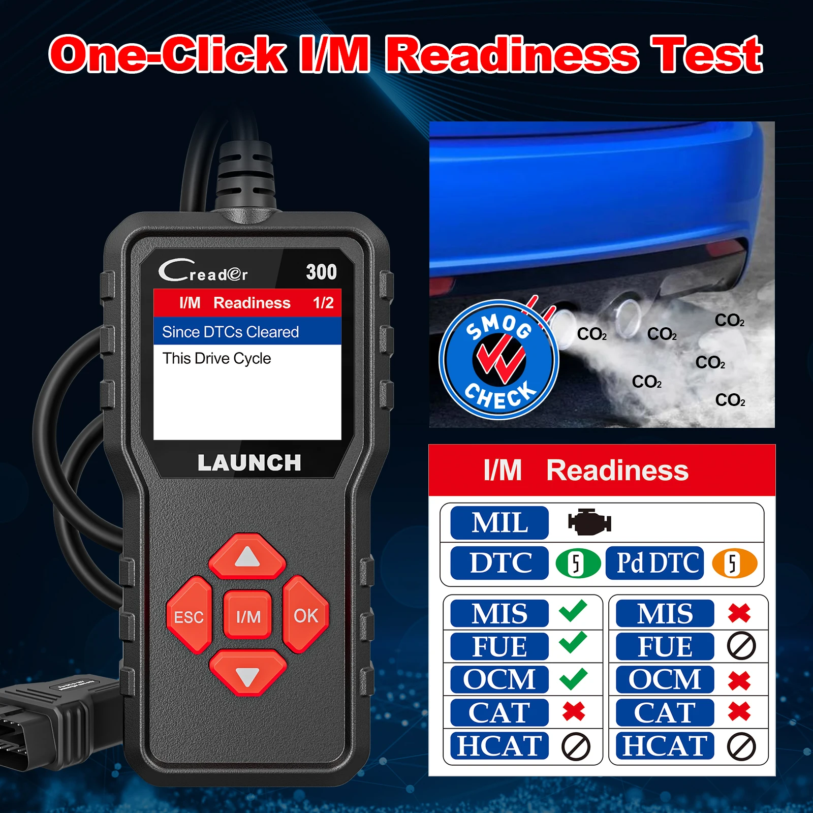 S9db395e032e34fa5bb83e3e890e6a261awebp - speedXperts Handheld vehicle diagnostic scan tool displaying I/M Readiness 1/2 with a Smog Check badge nearby (emissions theme).