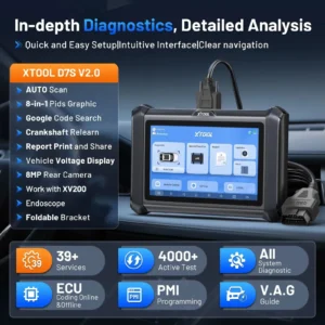 Promotional image of XT00L D7S V2.0 diagnostic tablet showing features list and car interior backdrop