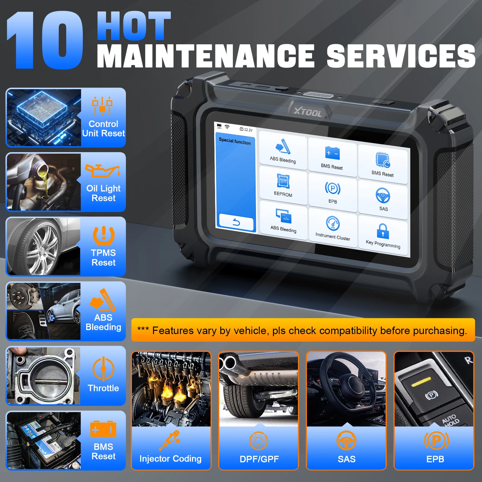 Sa6dffb747a01491883fccd20f9d90981nwebp - speedXperts Main diagnostic device screen showing maintenance services and left-side icons for reset options: Control Unit, Oil Light, TPMS.