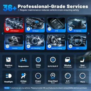 Vehicle maintenance dashboard showing modules: CPS Relearn, Oil Reset, EPB, HV Battery, Throttle, ABS Bleeding, Injector Coding, SAS.