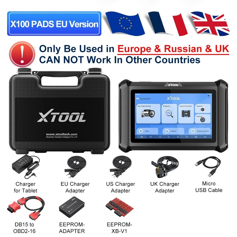 Saf10f92e2ab5420e8ff97b340257138aywebp - speedXperts XTOOL X100 PADS EU Version diagnostic tablet with European flags and a regional-use warning; includes chargers and adapters.