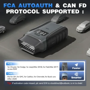 Hero image showing a black automotive diagnostic-style device on a parking surface with cars around it and a bold banner reading 'FCA AUTOAUTH & CAN FD PROTOCOL SUPPORTED:'