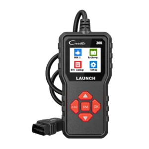 OBD II diagnostic handheld with a color screen showing icons like OBD II and Battery, red navigation keys, and a cable plugged in at the top-left.