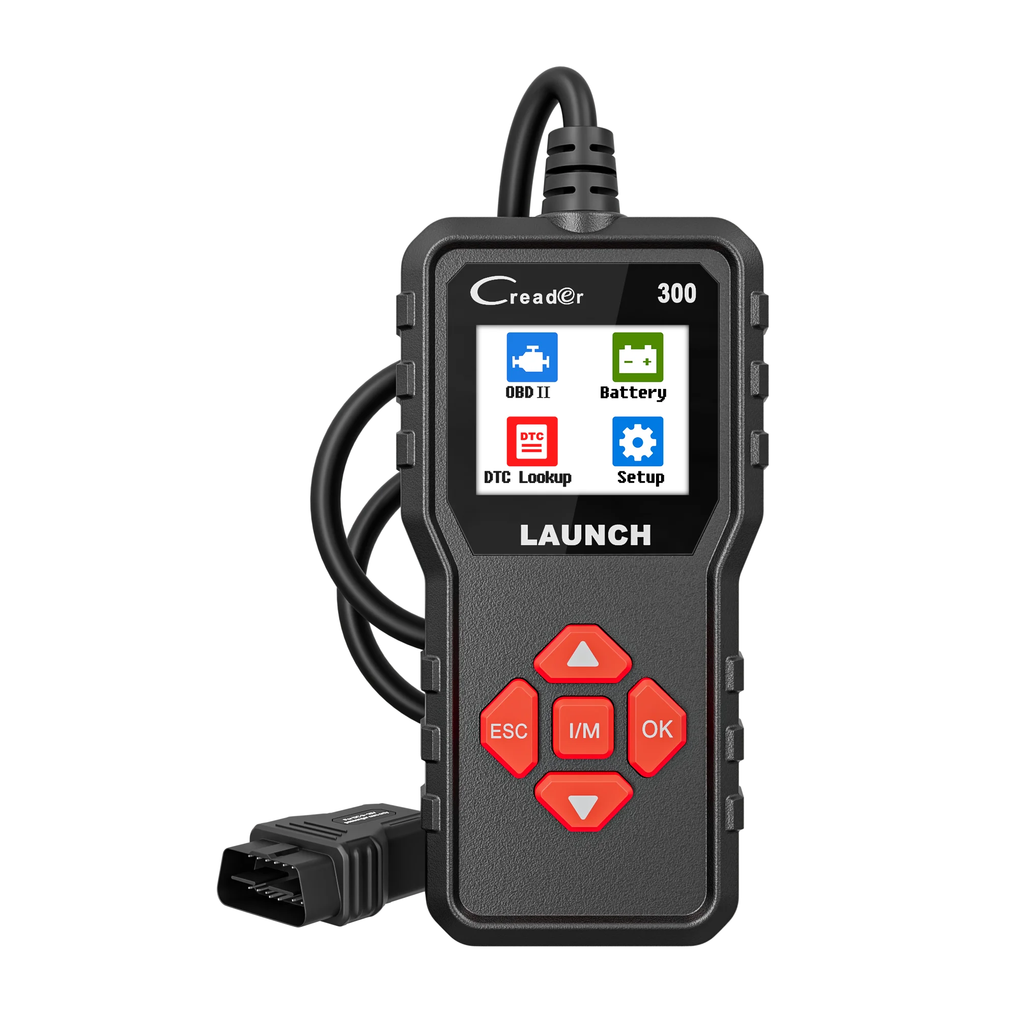 Sb6782158acfc466eb3bf18eb0e3d9573Iwebp - speedXperts OBD II diagnostic handheld with a color screen showing icons like OBD II and Battery, red navigation keys, and a cable plugged in at the top-left.