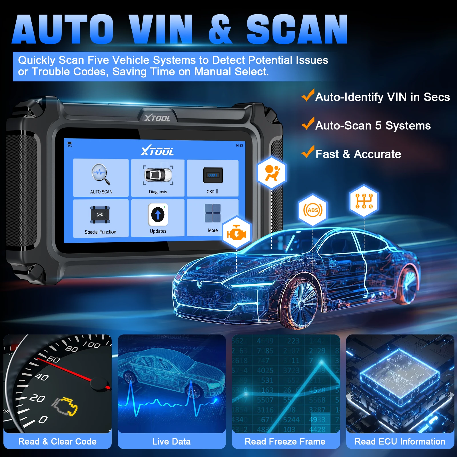 Sbdf18fdaffa34647ac262e9a68de4d5bdwebp - speedXperts Handheld automotive scanner XT00L on a blue-lit background, showing app tiles like Auto Scan and Diagnosis.