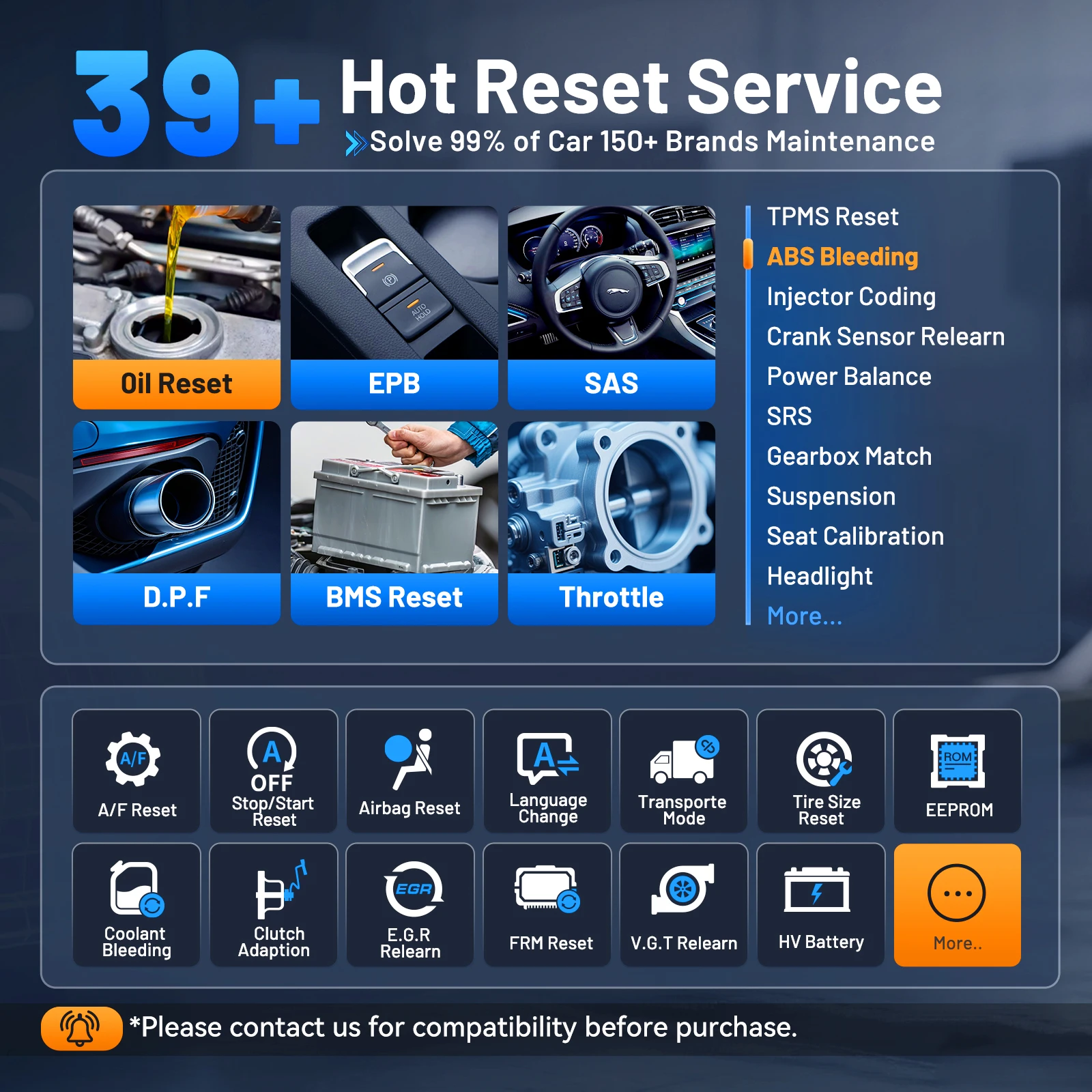 Sc0270a5930344dbab0203ac844934e18swebp - speedXperts Dashboard-style car maintenance menu with six colorful cards: Oil Reset, EPB, SAS, D.P.F, BMS Reset, Throttle; right column lists TPMS Reset, ABS Bleeding, Injector Coding, etc.