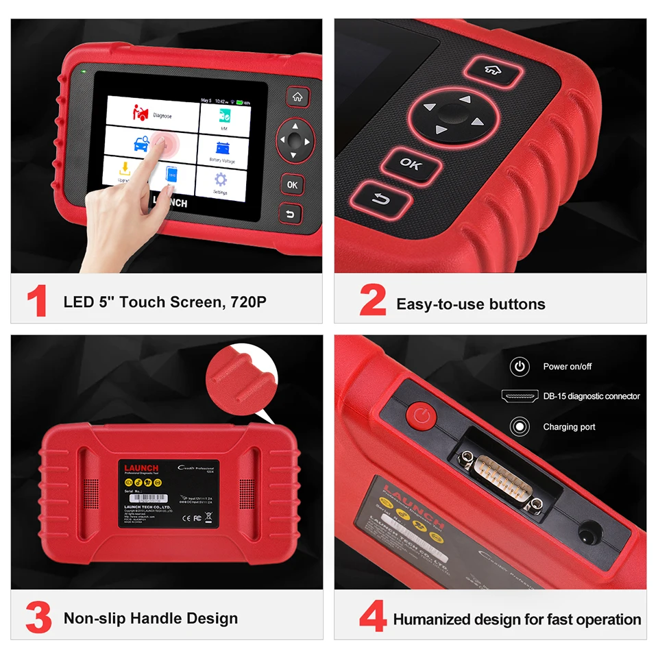 Sc44153a2182c469b9e59b9e24049b387wwebp - speedXperts Handheld diagnostic tablet with a red rugged case and a 5-inch touch screen in use by a finger touch.
