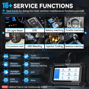 Sc7de9639f26e4e57938de98f1c0b7f34Owebp - speedXperts Automotive diagnostic handheld displaying 16+ service functions grid (Oil Light Reset, EPB, Battery & Throttle matching, Tire pressure reset, ABS bleeding, Injector coding, Gearbox matching) with a touchscreen interface.
