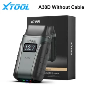 XTOOL A30D handheld diagnostic device with a digital display reading 12.7, shown in front of its black box, no cables visible.