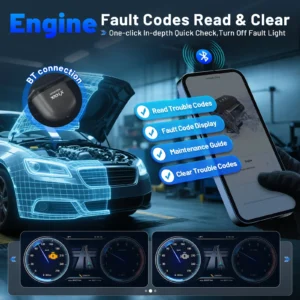 Sd06be418b9ab41ba873148abb6270e75iwebp - speedXperts Promotional banner showing engine diagnostic tools: Bluetooth connection, car with digital overlay and a smartphone listing fault-code actions like Read & Clear Codes, Maintenance.