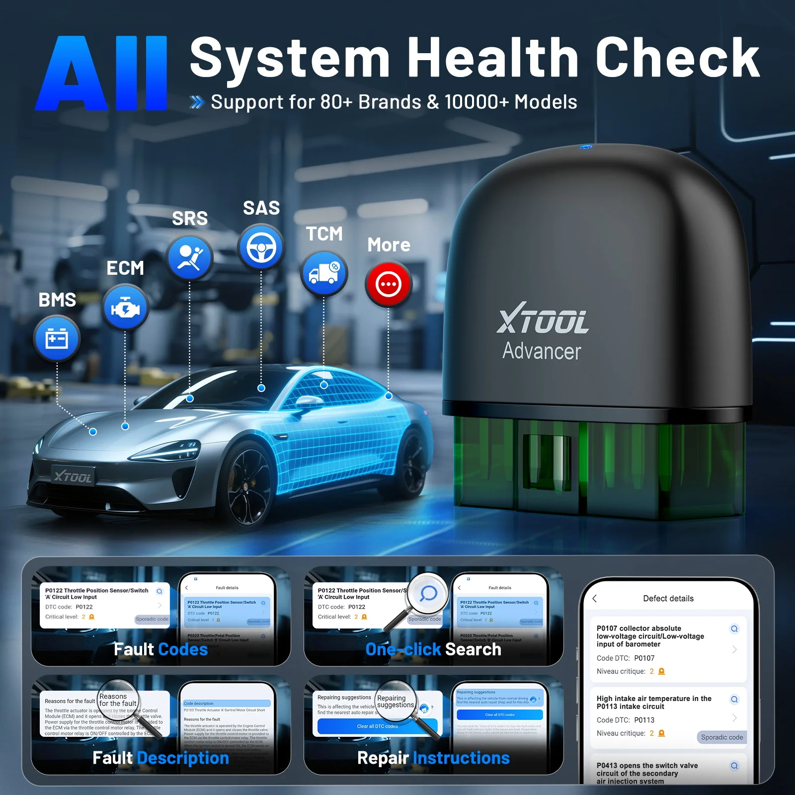 Sd09074e8ba1d41d4930e55e2a4f32cf6Hwebp - speedXperts AI System Health Check banner showing a car connected to a large Xtool Advancer scanner with module icons (BMS, ECM, SRS, SAS, TCM) in a workshop setting.