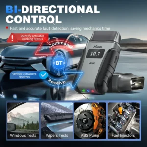 Promotional banner for a vehicle diagnostic tool showing a handheld device, a car, and the text 'BI-DIRECTIONAL CONTROL' with a BT symbol.