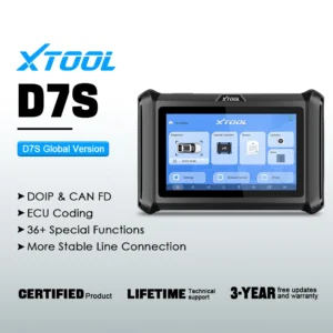 Sd35111dd66de47fb839ba46f363a9a01bwebp - speedXperts Xtool D7S Global Version handheld diagnostic scanner with blue touchscreen UI and feature bullets: DOIP & CAN FD, ECU Coding, 36+ functions, stable connections.