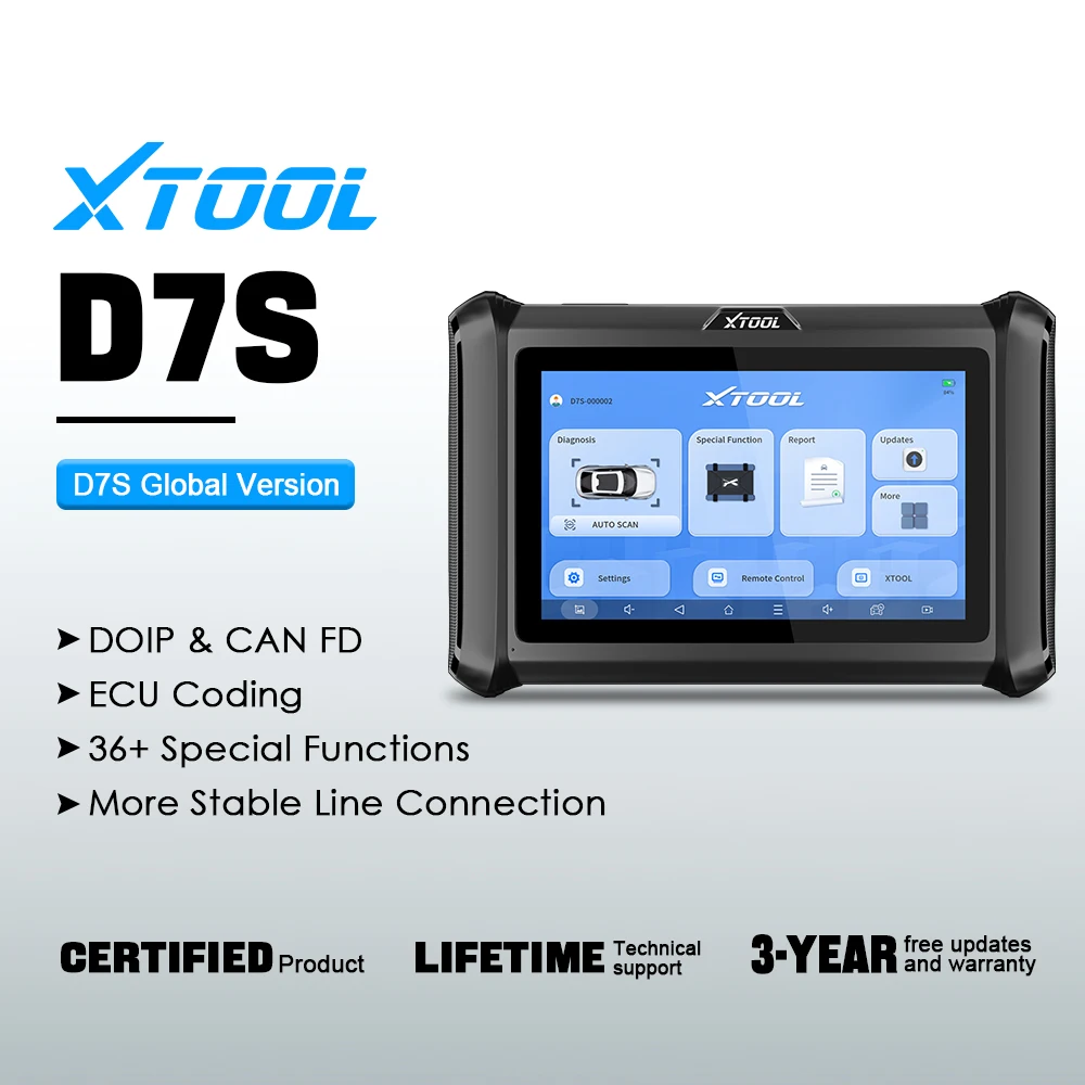 Sd35111dd66de47fb839ba46f363a9a01bwebp - speedXperts Xtool D7S Global Version handheld diagnostic scanner with blue touchscreen UI and feature bullets: DOIP & CAN FD, ECU Coding, 36+ functions, stable connections.
