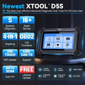 Promotional image of XTOOL D5S diagnostic tablet with feature tiles listing 5 systems, 16+ reset, 4-in-1, OBD2, WiFi update, and CAN/Fd support in a dark background.