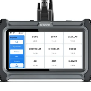 Close-up of an XTOOL diagnostic scanner with a screen displaying car-brand options (Chevrolet, Chrysler, Dodge, Buick, GMC, Cadillac) and a blue left menu.