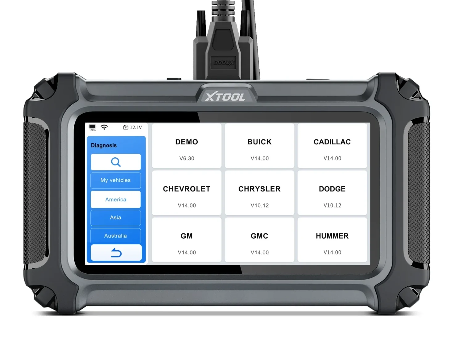 Sda1d75572d6544698170484bacecf226Owebp - speedXperts Close-up of an XTOOL diagnostic scanner with a screen displaying car-brand options (Chevrolet, Chrysler, Dodge, Buick, GMC, Cadillac) and a blue left menu.