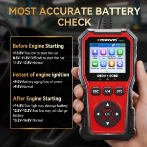 Sdfb58ed202f2447f9e2145fbd51e60a25webp - speedXperts Infographic titled 'Most Accurate Battery Check' showing a handheld OBDII/EOBD scanner (KW330) with step-by-step notes on engine starting conditions.