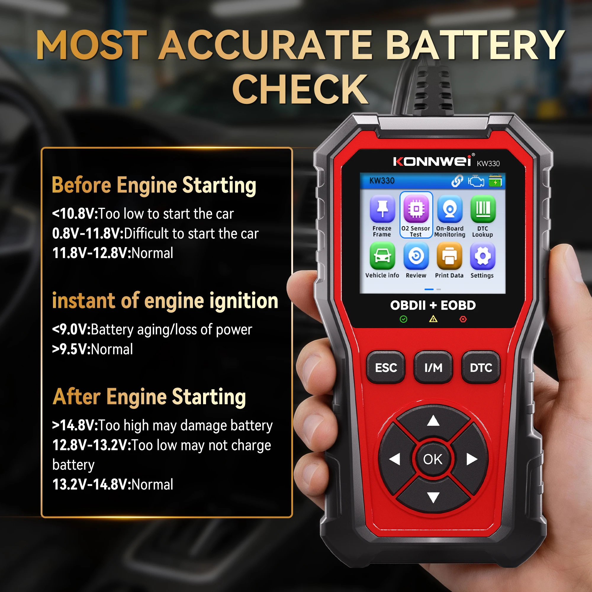 Sdfb58ed202f2447f9e2145fbd51e60a25webp - speedXperts Infographic titled 'Most Accurate Battery Check' showing a handheld OBDII/EOBD scanner (KW330) with step-by-step notes on engine starting conditions.