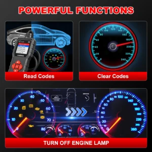 Se88886dcd97749a2a652b6034bc8fa77Uwebp - speedXperts Promotional graphic titled Powerful Functions showing automotive diagnostic tools for Read Codes and Clear Codes.