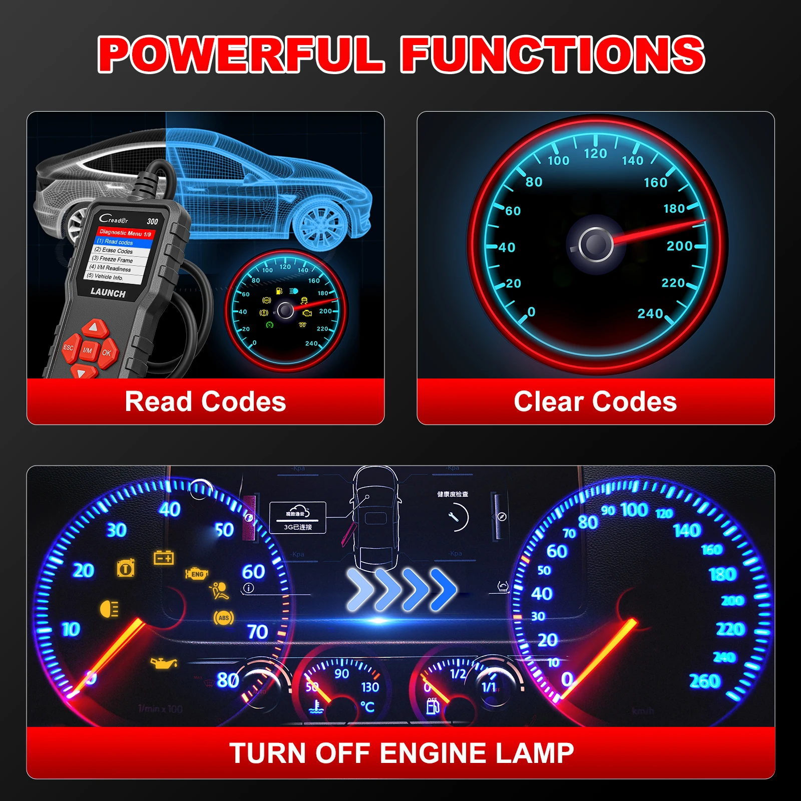 Se88886dcd97749a2a652b6034bc8fa77Uwebp - speedXperts Promotional graphic titled Powerful Functions showing automotive diagnostic tools for Read Codes and Clear Codes.