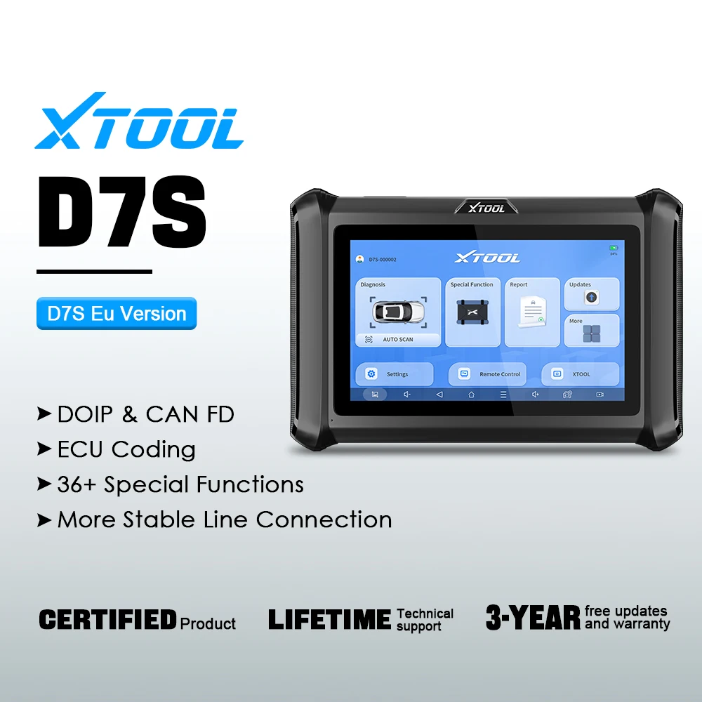 Seb290652e5f743dab34e1a094ba774ffFwebp - speedXperts XTOOL D7S Eu Version diagnostic tablet with blue UI screen and listed features: DOIP & CAN FD, ECU coding, 36+ functions, stable connections