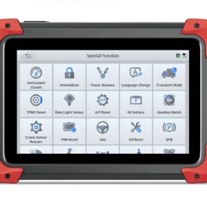 Diagnostic tablet UI showing 'Special Function' menu with icons for Instrument Cluster, Immobilizer, Power Balance, Language Change, Transport Mode, TPMS Reset, Rain/Light Sensor, A/F Reset, HV Battery, Gearbox Match, Crank Sensor Relearn, FRM Reset, SAS, Oil Reset, EPB