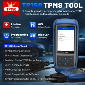 Promotional banner for TP150 TPMS Tool with features and a handheld scanner/devices image in the foreground.