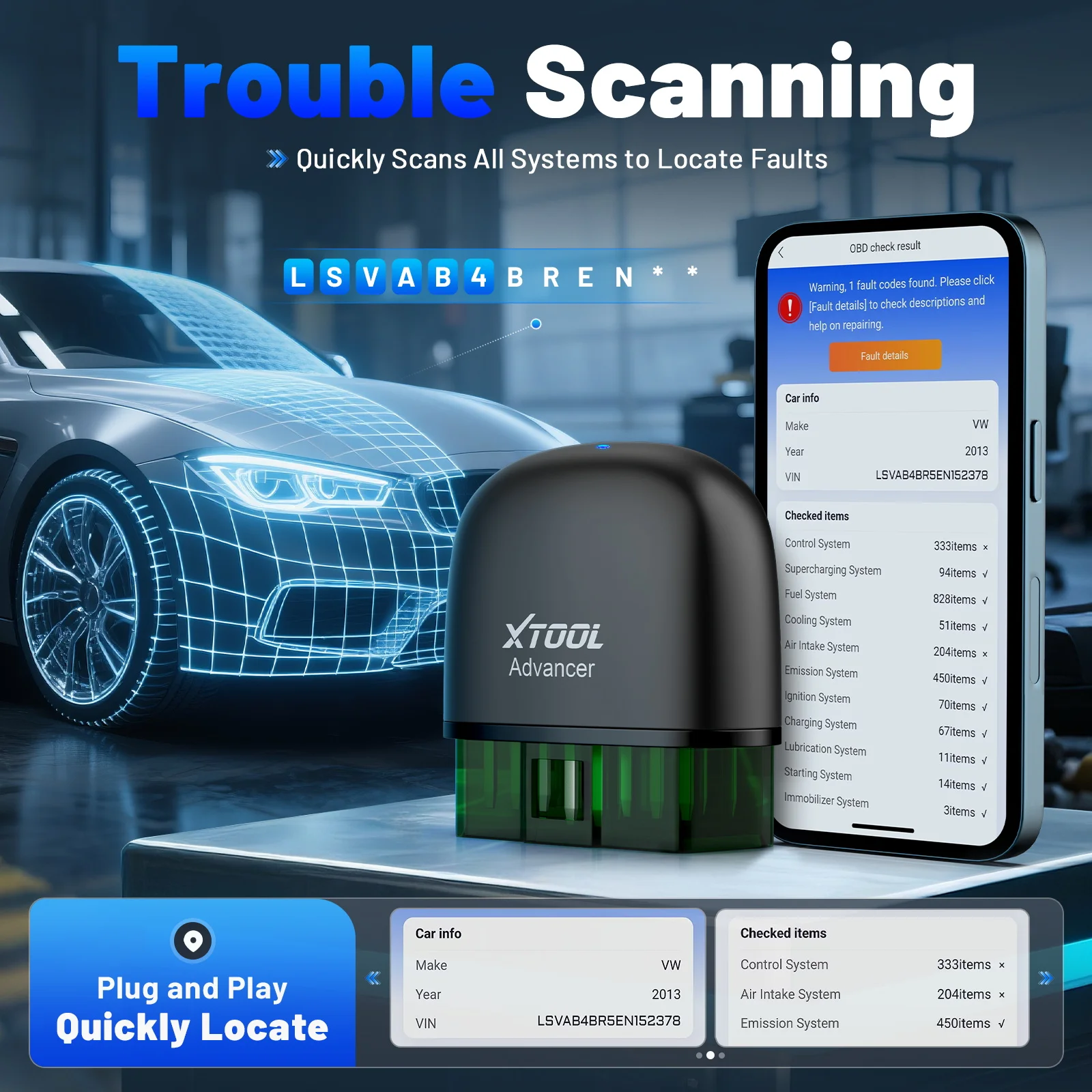 Sf995fea1a3fc4db2b4c0c2ac8e99ac96cwebp - speedXperts Promotional banner showing a high-tech car diagnostic setup with a model car, a smartphone displaying OBD fault codes, and the text 'Trouble Scanning'.
