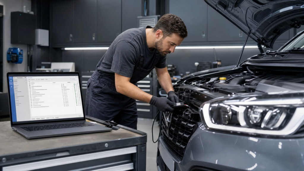 Automotive technician in a dark shop uses a laptop while inspecting the engine bay with the hood open.