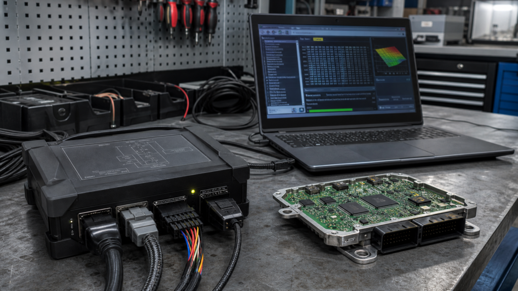 Laptop running diagnostic software beside an exposed circuit board and tangled cables on a metal workbench in a tech lab.