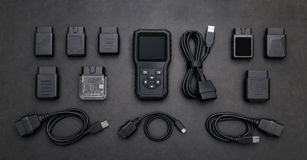 Handheld diagnostic device centered among multiple battery packs and USB cables on a dark surface.