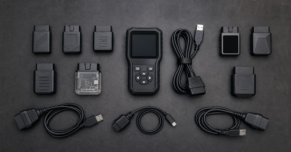 Handheld diagnostic device centered among multiple battery packs and USB cables on a dark surface.