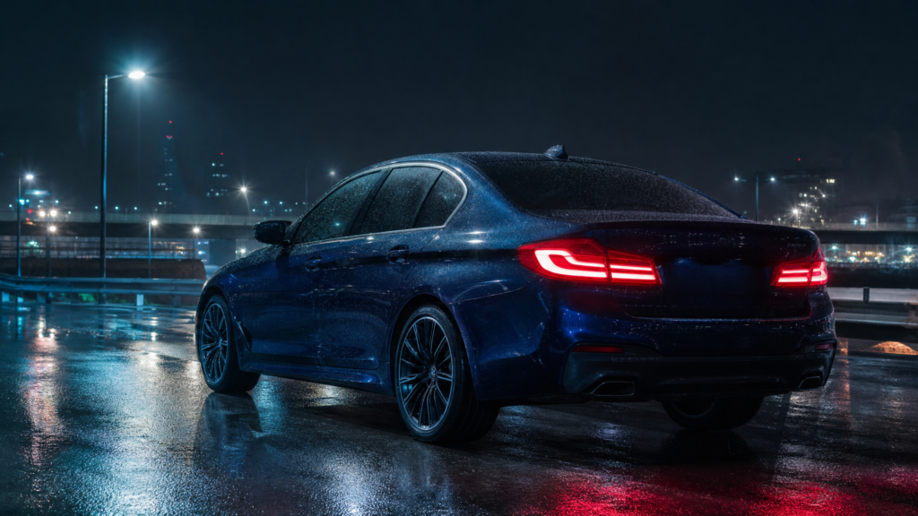 BMW G30 5-Series saloon rear at night with LED LCI sequential tail lights illuminated
